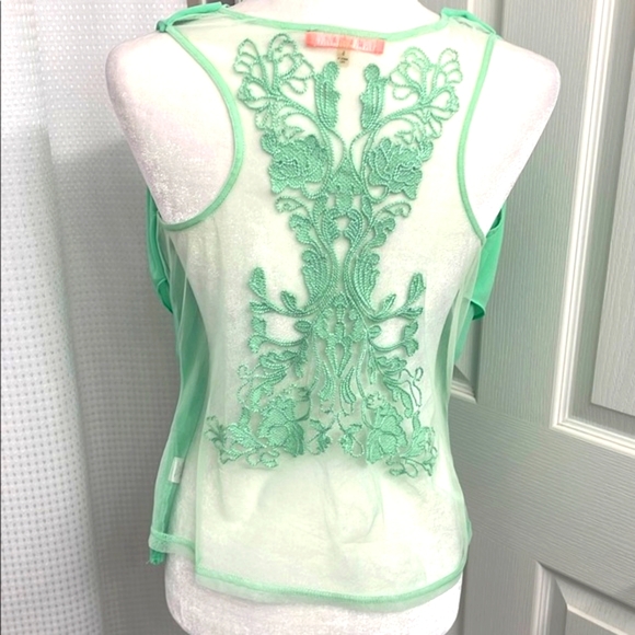 NWOT. Lulumari Mint Green Draped Front Sleeveless Blouse with Embroidered Back - Picture 3 of 8
